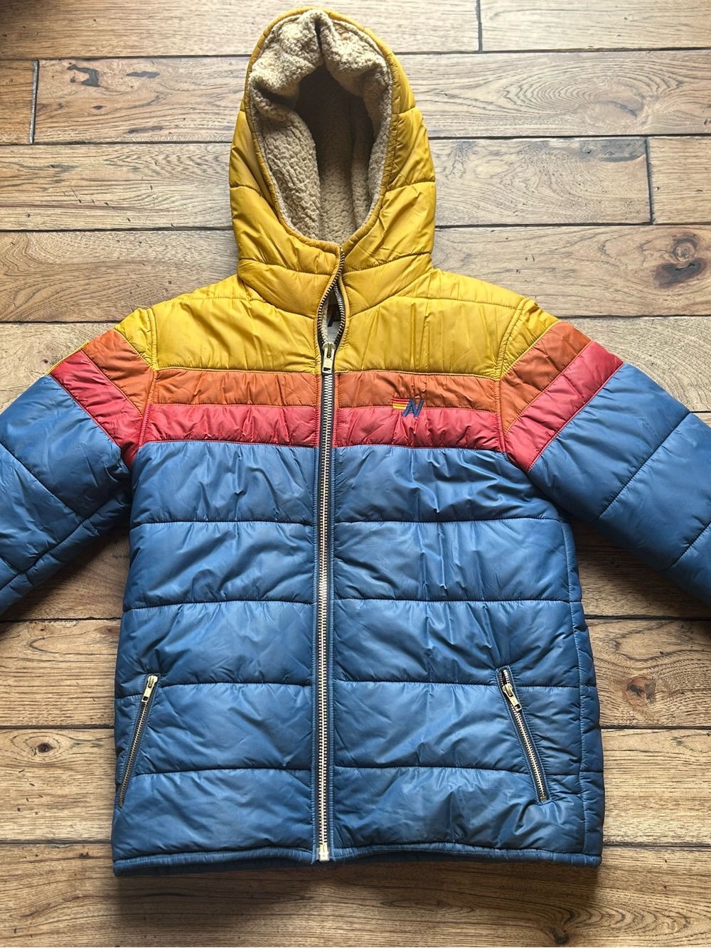 Aviator Nation Hooded Puffer Jacket in Yellow, Red & Blue - men’s large